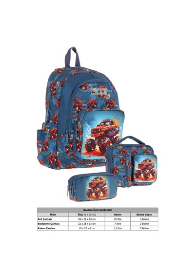 Kaukko Kids Erkek Çocuk Arazi Aracı Baskılı Üçlü Okul Çanta Seti Okul Çantası+beslenme Çantası+kalemlik Kırmızı - Yeşil