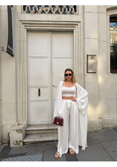 Bonacosa Kadın Viskon 3 Lü Takım Kimono + Beli Lastikli Salaş Pantolon + Crop 8 Renk Ekru