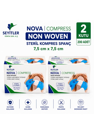 Seyitler Nova Nonwoven Kompres Steril 7,5cm X 7,5cm Spanç 100'lü Kutu - 2 Kutu