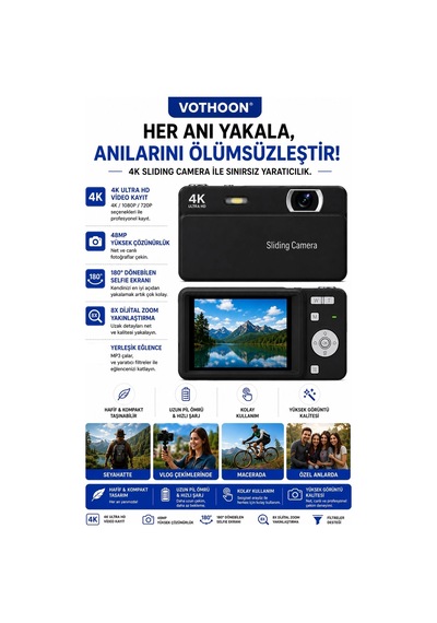 Dijital Kamera 4k Hd 48mp 8x Zoom Flaşlı Kayar Retro Video Kamera 2.4 Ekran 64gb Sd Kart Hediyeli Siyah