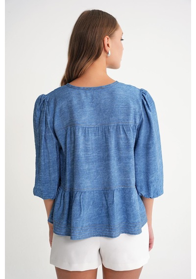 Mixray 4704 Kadın Fırfırlı Balon Kol Kısa Denim Bluz Mavi Mavi