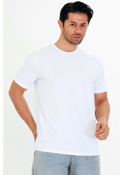 Trendhill Erkek Beyaz Pamuklu Bisiklet Yaka Büyük Beden T-shirt Byz5014b