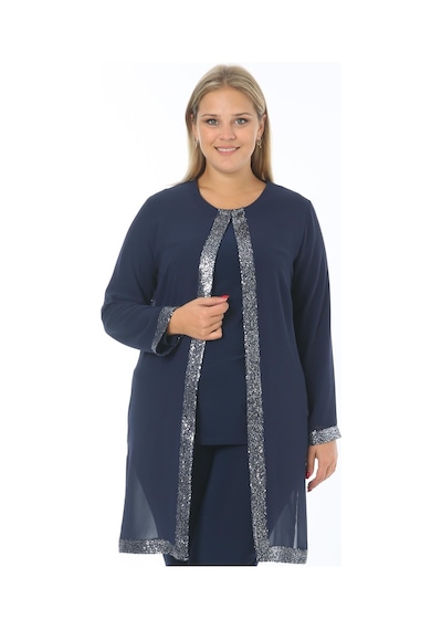 Ladies First Büyük Beden 3717 Lacivert Gümüş Ceket+Bluz İkili Takım Gümüş - Lacivert