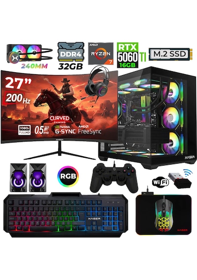 Xaser Helmet X50 R7-5700X 32 GB 1 TB SSD 16 GB RTX5060Ti 27" Dos Masaüstü Bilgisayar