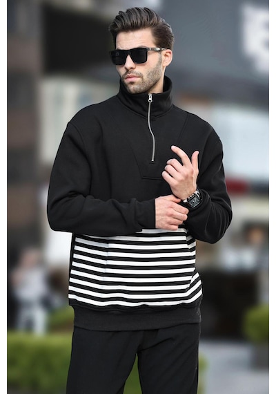 Madmext Siyah Fermuar Yakalı Çizgili Sweatshirt 7056-siyah Siyah