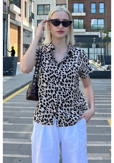 Madmext Ekru Leopar Desenli Kısa Kollu Kadın Gömlek Mg2098-ekru Ekru
