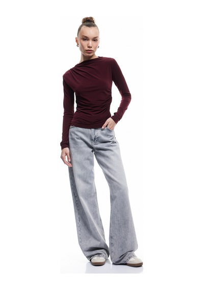 Koton Drape Detaylı Dar Kesim Uzun Kollu Tişört Bordo 6wal10251ık Bordo