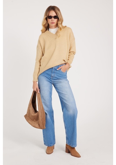 Tudors Kadın Regular Fit Klasik Kesim Pamuklu Bol Paça Mavi Jean Pantolon-39521 Mavi
