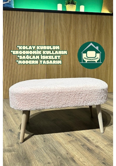Paris Retro Ahşap Ayaklı Geniş Oturum Alanlı Oval Bench Puf Pembe