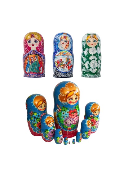 Onlu Ahşap Matruşka Bebek Seti Büyük 27cm Lüks Renkli 10 Parça L27