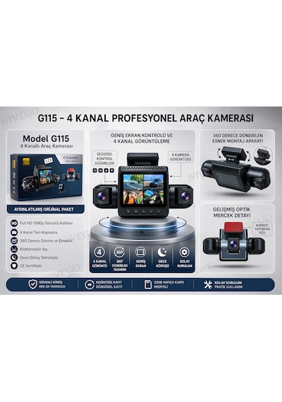 Nvg 4 Kameralı Araç Kamerası 360 Güvenlik Sistemi Ön Arka İç Kayıt Gece Görüş 170 Geniş Açı Full Hd 1080p Dash Cam