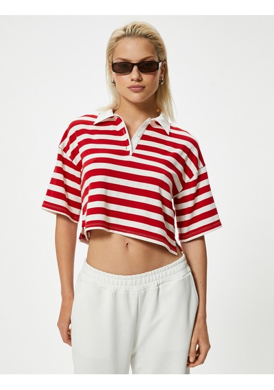 Koton Polo Yaka Crop Tişört Kısa Kollu Düğmeli İnce Örme Kumaş Kırmızı Çizgili 4sak50688ek Koton Polo Yaka Crop Tişört Kısa Kollu Düğmeli İnce Örme Kumaş Kırmızı Çizgili 4sak50688ek