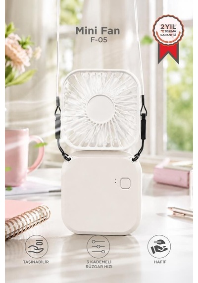 Özel Üretim Yazlık Esinti Hava F-05 Mini Fan Tutmalı Şarjlı Vantilatör Beyaz
