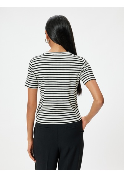 Koton Kısa Kollu Tişört Bisiklet Yaka Slim Fit Kaşkorse Siyah Çizgili 5wak50067ek Siyah