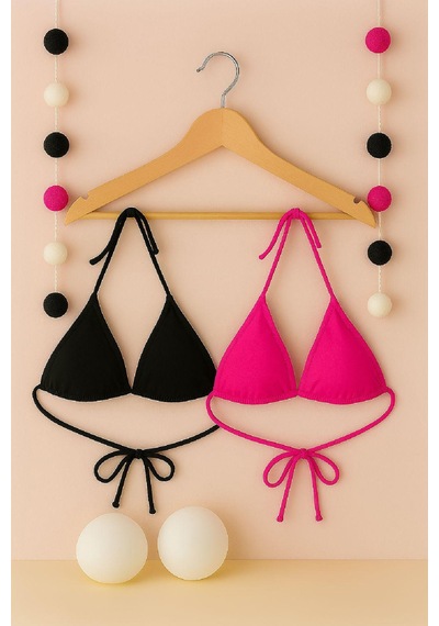 Moda Dua Kadın Siyah Ve Fuşya Minimal Kesim Üçgen Bikini Üstü Çok Renkli