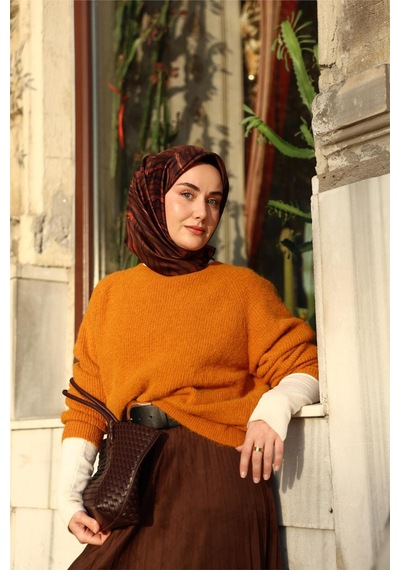 Silk Home Twill İpek Eşarp Kahverengi Mercan Geometrik Desenli Tok Duruşlu 90x90 Çok Renkli