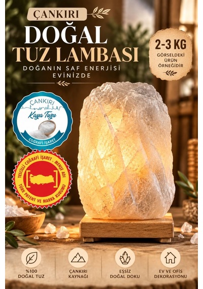 Çankırı 2-3 Kg Gri Doğal Kaya Tuzu Lambası Ahşap Kaideli Dekoratif Lamba