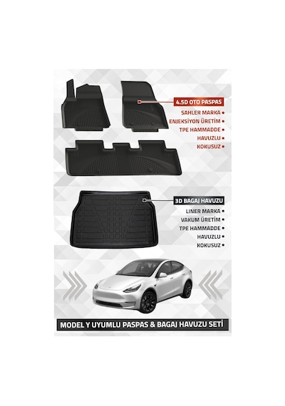 Tesla Model Y 2020+ Uyumlu Liner Marka 3d Bagaj Havuzu + Sahler 4.5d Oto Paspas
