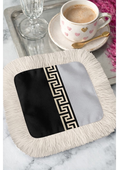 Yunan Motifli Saçaklı Sunum Peçetesi - Lüks Klasik Modern Siyah Altın Renkli Bardak Altlığı Mendil Soft Gece Vişne