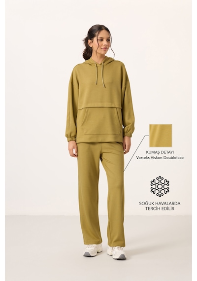 Koyu Hardal Yumuşak Dokulu Kapüşonlu Oversize Kadın Eşofman Tunik Takım - 95348 Koyu Hardal/koyu Hardal