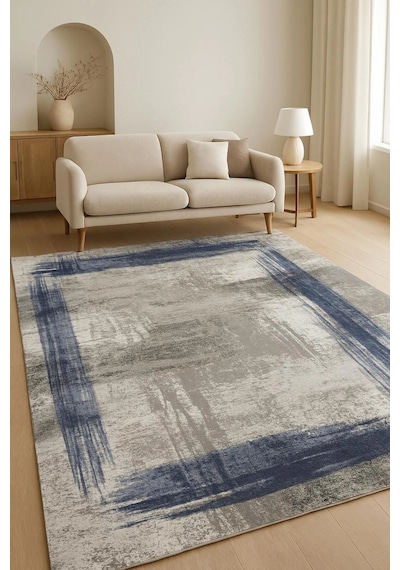 Gri Zemin Mavi Çerçeve Modern Halı Dekoratif Kilim Gri