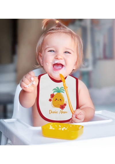 BK Kids Kişiye Özel Sevimli Ananas Tasarımlı Kırmızı Bebek Mama Ö Kırmızı
