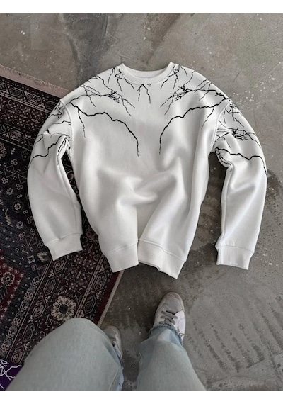 Valensdesign Yıldırım Baskılı Bisiklet Yaka Sweatshirt - Beyaz