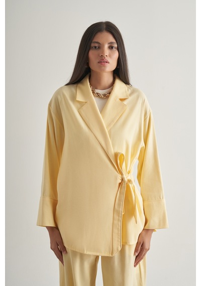 Mizalle Keten Karışımlı Anvelop Bağlı Sarı Kimono Ceket Sari