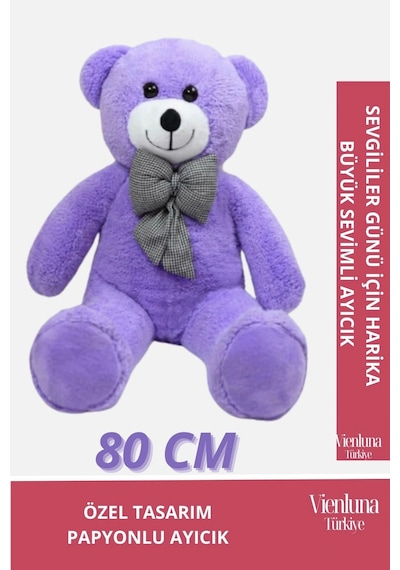 Özel Üretim Sevgililer Doğum Günü Hediye Manita Eş Sevgili Sevimli Papyonlu 80 Cm Mor Büyük Ayıcık