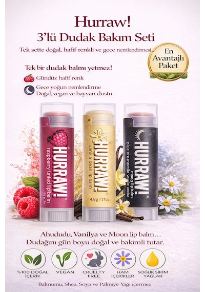 Hurraw 3 Lü Dudak Balm Seti Ahududu Vanilya Moon Doğal & Vegan