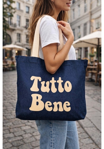 Faralya Life Mavi Kot Denim Çanta Baskılı Pamuk Bez Çanta 52x42 Cm 60 Cm Sap Uzunluğu Açık Krem