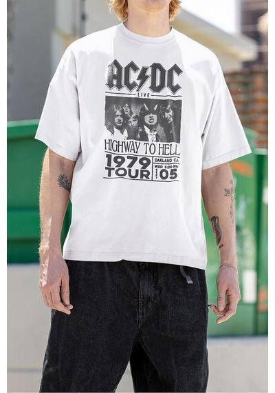 Ac Dc Highway To Hell 1979 Tour Baskılı Unisex Tişört, Oversize M Beyaz