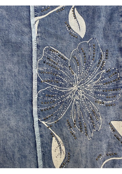 Büyük Beden Çiçek Desenli Mom Kesim Bileği Yırtmaçlı Denim Kadın Pantolon Mavi