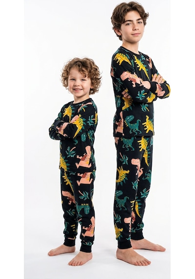 Zuzunga Dinozor Desenli Siyah Uzun Kollu Erkek Çocuk Pijama Takımı