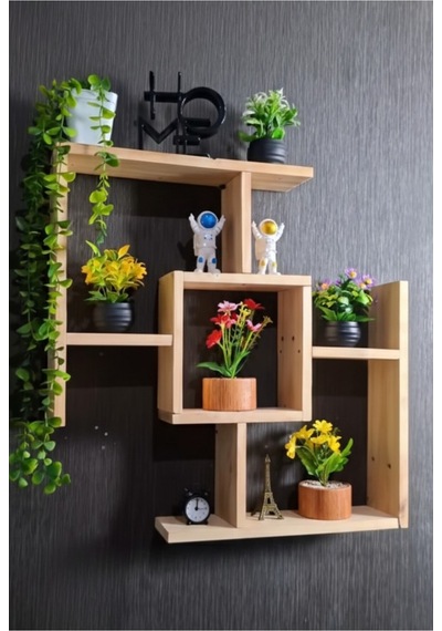 Dekoratif Ahşap Duvar Rafı - 75x75 Cm Modern Çapraz Tasarım Kitaplık Ve Çiçeklik - Doğal Ahşap Bej
