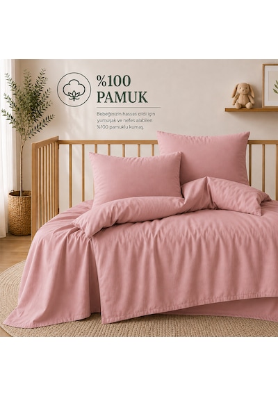 Lief Home %100 Pamuklu Sertifikalı Bebek Nevresim Takımı 100x150 63 Tel Dokuma Kutulu Gönderim Pudra