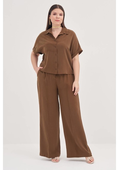 Myline Kısa Kollu Oversize Gömlek-1801 Kahverengi