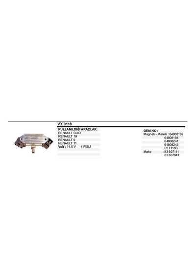 Konjektör Renault R9 R19 Clio 1 Kömürlü 4 Fişli 64808182 Ix0118 Vertex