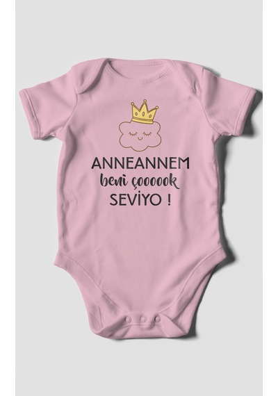 Anneannem Beni Çok Seviyo Baskılı Bebek Zıbını Çıtçıtlı Body %100 Pamuk Kısa Kol Koyu Pembe