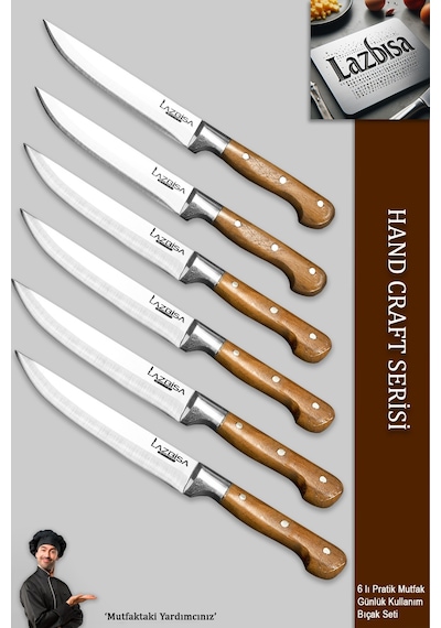 Lazbisa Mtf-048 Hand Craft Mutfak Bıçak Seti Et Ekmek Sebze Meyve Doğrama Bıçağı 6 Lı Günlük Kullanım Kırmızı