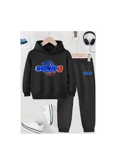 Stil-x Sonıc Baskılı Çocuk Eşofman Takımı, Şardonlu Soft Kumaş, Unısex Siyah-5