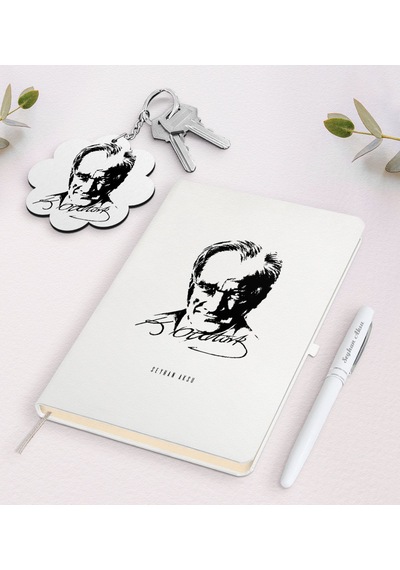 Kişiye Özel Atatürk Temalı Beyaz Defter Kalem ve Anahtarlık N11.2016 Beyaz