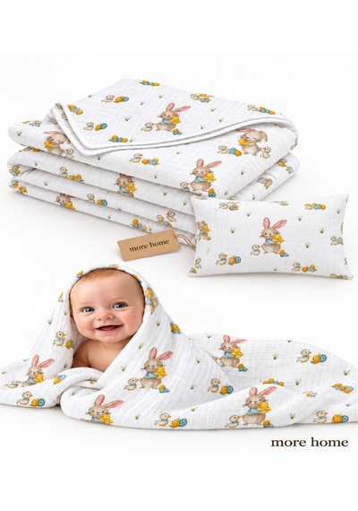 More Home Bebek 90x90 Müslin Örtü +35x45 Yastık Kılıfı Ördekli & Tavşanlı Kırık Beyaz