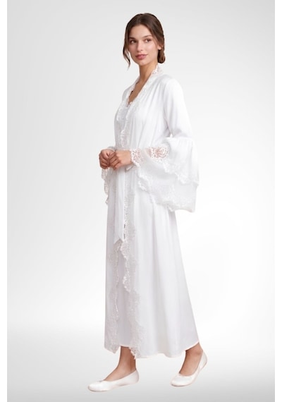 Mecit Pijama Mecit 6410 Ekru Kadın Sabahlık Gecelik Takım