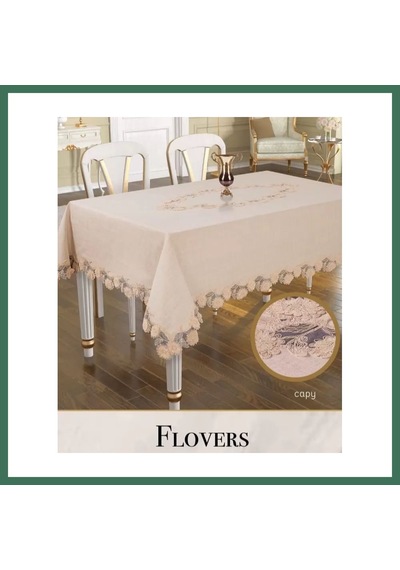 En-cag Flowers Model Kapiçino 160x220cm Keten 3d İşlemeli Dantelli Şık Yemek Masası Bss