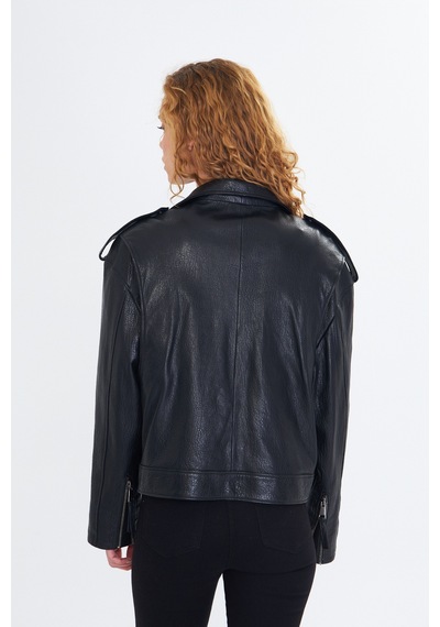 M M Marki Marki Kadın Hakiki Jumbo Deri Ceket Biker Tarz, Kemerli, Oversize, Apoletli, 65 Cm, Siyah - 507322