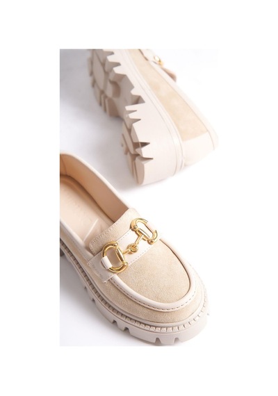 Mubiano Mb1170-bj Kalın Taban Lüx Süet Tokalı Bej Kadın Kolej Loafer Bej
