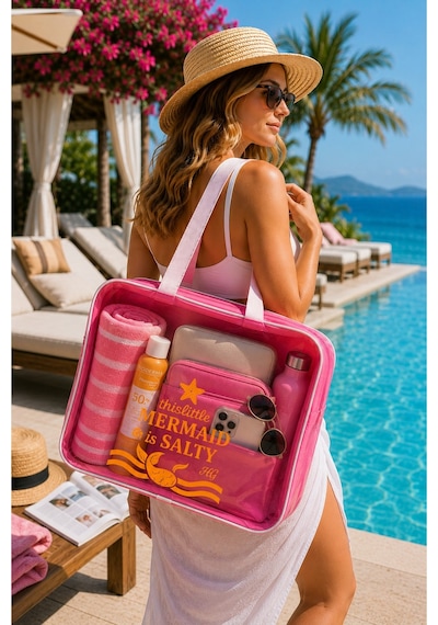 Hig Home Pembe Büyük Boy Şeffaf Plaj Çantası Mermaid Baskılı, Su Geçirmez, Tatil Çantası Beyaz
