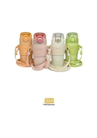Diller 360ml Moda Deri Kılıflı Pipetli Askılı Pastel Renkli Paslanmaz Çelik Termos Matara Pembe Açık Beyaz