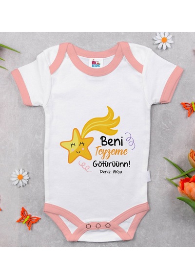 Bk Gift Bk Kids Kişiye Özel Beni Teyzeme Götürün Tasarımlı Pembe Bebek Body Zıbın - Model 1 Sarı